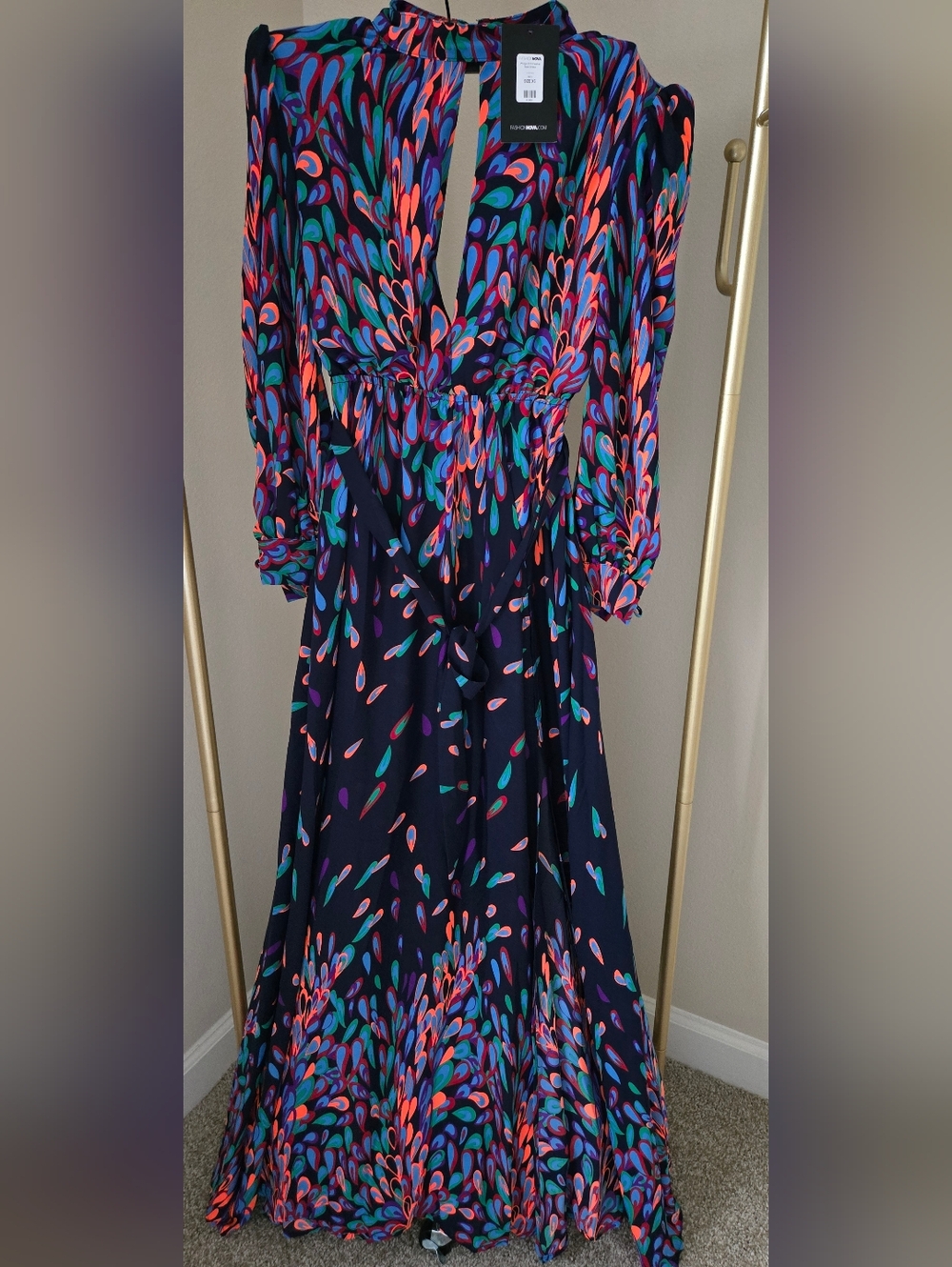 Fashion Nova Navy Maxi Dress with Coral, Teal & Purple Teardrop Print